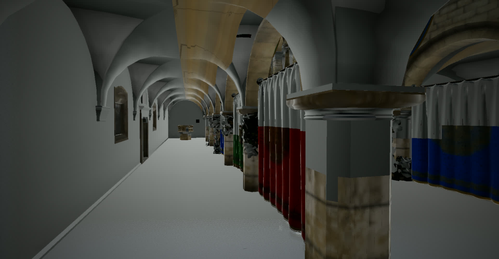 Sponza cathedral nave rendered in Vivazo — real-time global illumination